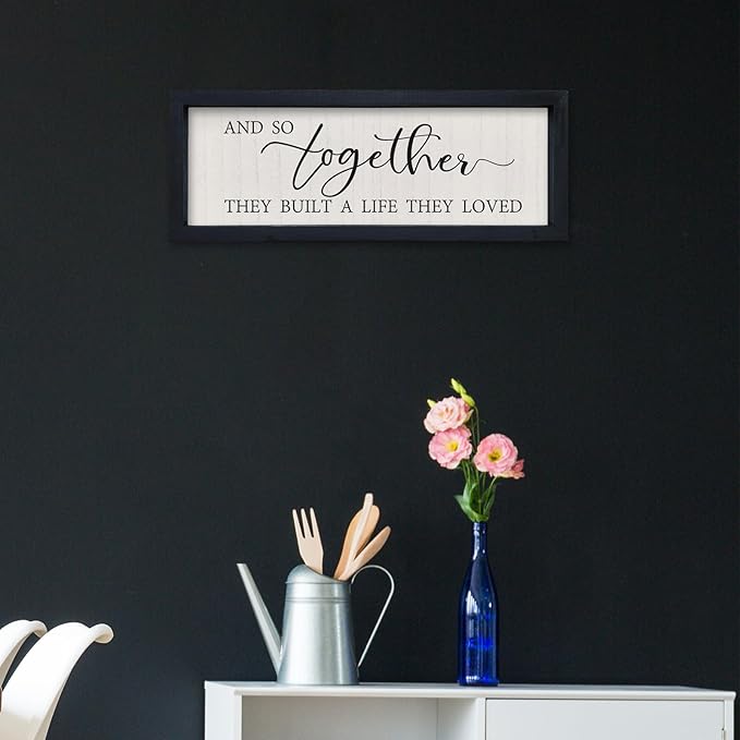 SRSZHIYUE And So Together They Built A Life They Loved Wall Decor 16"×6" Master Bedroom Above Bed Sign Wood Framed Wall Hanging Art (Black)