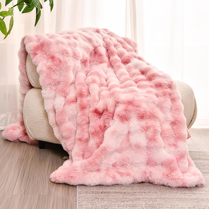 H&D Faux Fur Throw Blanket for Couch,Fluffy Cozy Soft Plush Luxury Thick Fuzzy Fleece Blanket for Couch Bed Sofa Bedroom Living Room,Comfy Bubble Blanket