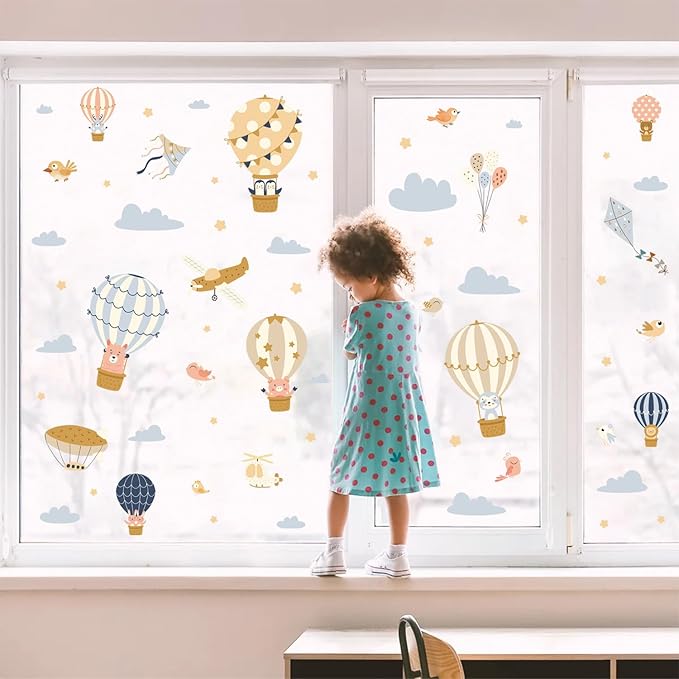 HLNIUC Large Hot Air Balloon Wall Sticker 35”x24”Baby Animal Peel And Stick Wall Art Decal Star Moon Cloud Balloons Window Cling Cartoon Airplane and Hot Air Balloon Room Sticker for Nursery Kids Room