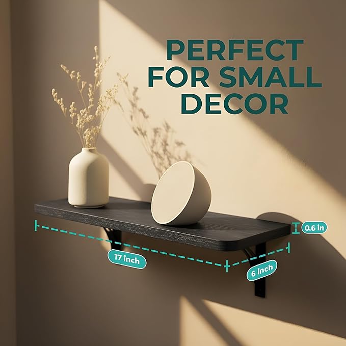 Reinforced Steel Bracket Black Shelves for Bathroom Wall - Easy to Install, Template and Video Included - Black Shelf for Bedroom, Long Wood Wall Shelves, Book Shelf