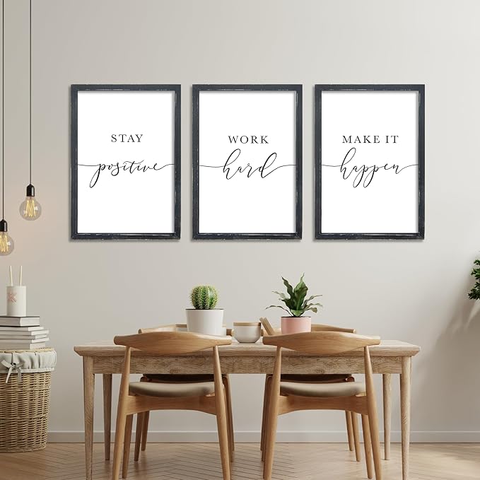 RLWangChao Inspirational Quotes Wall Art Decor 11"X16" 3 Piece Modren Office Stay Positive Work Hard Make It Happen Motivational Wood Framed Sign Living Room Positive Wall Hanging Decoration (Black)
