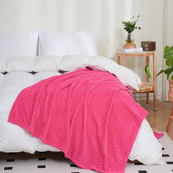 Puncuntex Flannel Fleece Throw Blanket Hot Pink 60"×80",Super Soft Plush Cozy Blanket with Square Grid Design Luxury for Couch Sofa Chair