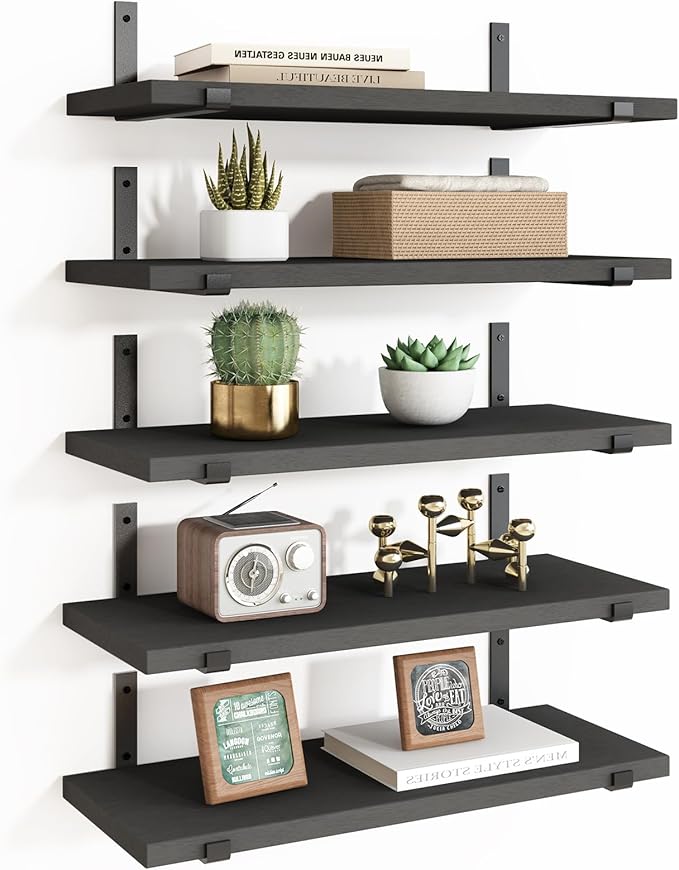 Fixwal Floating Shelves for Wall, Width 4.7 Inches Black Wall Shelves, Rustic Wood Wall Storage Shelves for Bedroom, Living Room, Kitchen, Bathroom, Home Decor (Set of 5 Black)