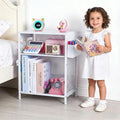 Kids Nightstand, 3-Tier Metal Side Table with Adjustable Storage Shelf, Basket & 3 S-Hooks, Small Bedside Table for Nursery, Toddler Bedroom and Small Spaces (White)