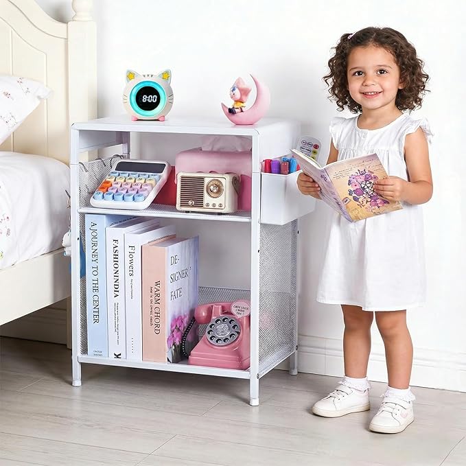 Kids Nightstand, 3-Tier Metal Side Table with Adjustable Storage Shelf, Basket & 3 S-Hooks, Small Bedside Table for Nursery, Toddler Bedroom and Small Spaces (White)