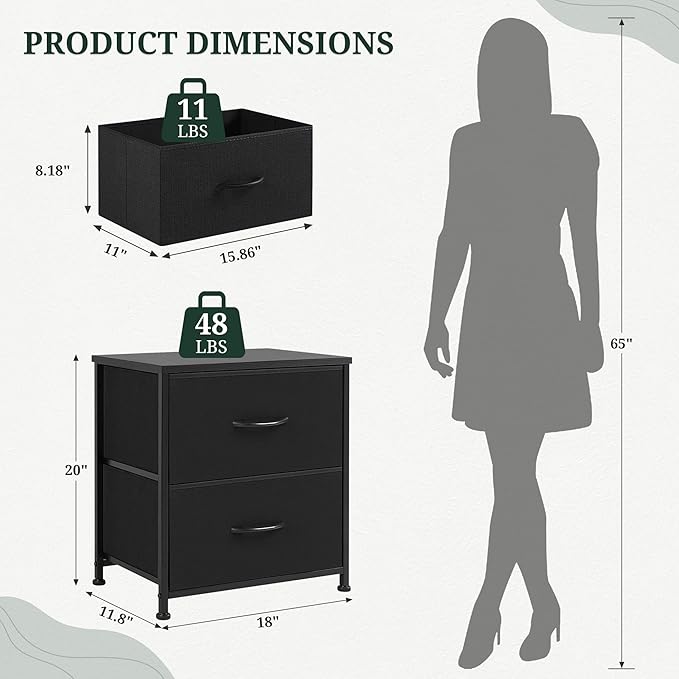 Nightstand Upgraded, Small 2 Drawer Dresser End Table Bedside Furniture, Wooden Top Fabric Bins for Bedroom, Closet, Entryway, Dorm, 11.8" D x 18" W x 20", Charcoal Black