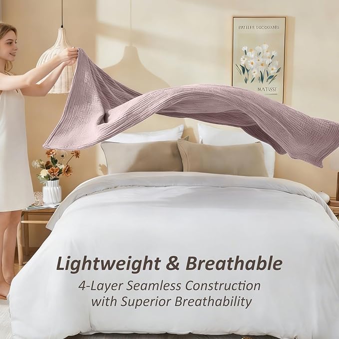 EMME Cotton Muslin Large Throw Blanket Couch Breathable Gauze Soft Lightweight Bed Blankets Adults (Heather Dusty Pink, 50"x70")