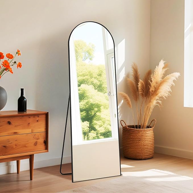 NEWBULIG Arched Full Length Mirror 59.2"x16" for Bedroom, Full Body Mirror with Stand, Hanging or Leaning for Wall, Aluminum Alloy Thin Frame Floor Standing for Living Room, Tall, Black