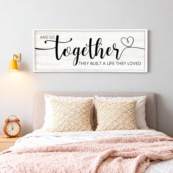 And So Together They Built A Life They Loved Decorative Rustic Sign & Plaque Framed Wall Art for Couples, 40''×15' Wooden Long Wall Decor Above Bed, Vintage Horizontal Farmhouse Wedding Gift