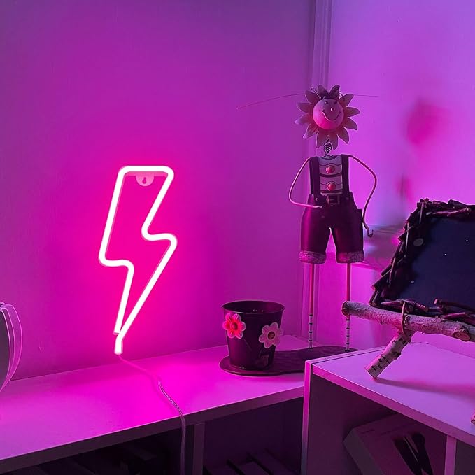 Neon Signs Lightning Bolt Neon Light Sign for Wall Decor, Battery or USB Powered Led Lightning Light Neon Sign for Bedroom,Kids Room,Birthday,Party,Wedding,Home,Kids Decorations Pink