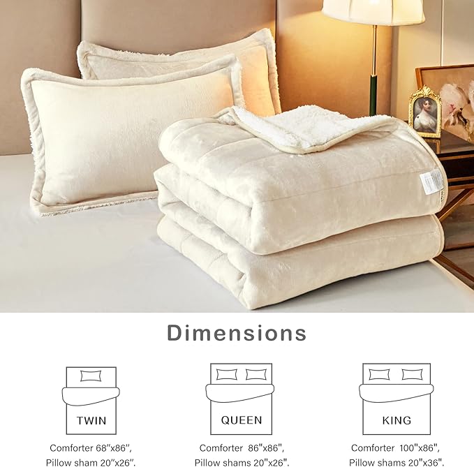 3-Layer Luxury Flannel Fleece Thick Bed Blanket King Size, Soft Plush Velvet Sherpa Blanket with 2 Pillow Shams Heavy Warm for Winter, Breathable n Washable, Cream White