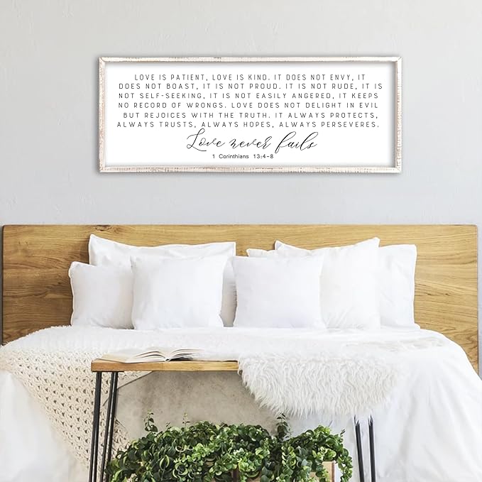 Love is Patient Kind Sign Wall Art 40"X15" 1 Corinthians 13 Bible Verse for Bedroom Above Over Bed Christianity Large Wood Framed Wall Hanging Decor (White）
