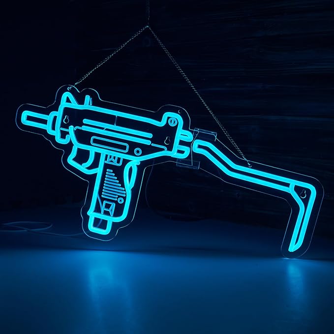Gun Neon Sign UZI Sign for Wall Decor Large Size(23.4x11.2 Inch) Smart plug timer compatible USB Powered Man Cave Bedroom Decor