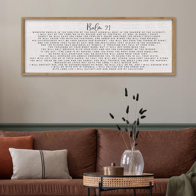 comurdyo Bible Verse Psalm 91 Wall Art Decor 32"X12" Christian Catholic Prayer Sign for Modern Simple Family Large Farmhouse Living Room Wood Framed Wall Horizontal Hanging Decor (Wood)