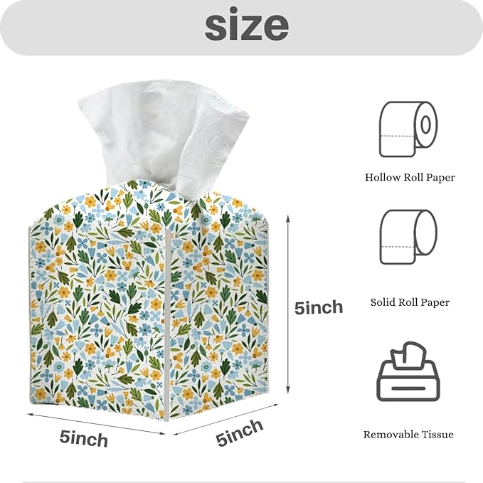 Tissue Box Cover, Tissue Box Holder, Square with Belt Bottom, PU Leather Decorative Organizer for Desk, Tabletop, Countertop Bathroom, Toilet Car, Office, Dresser Bedside, Aesthetic Plant Flower Decor