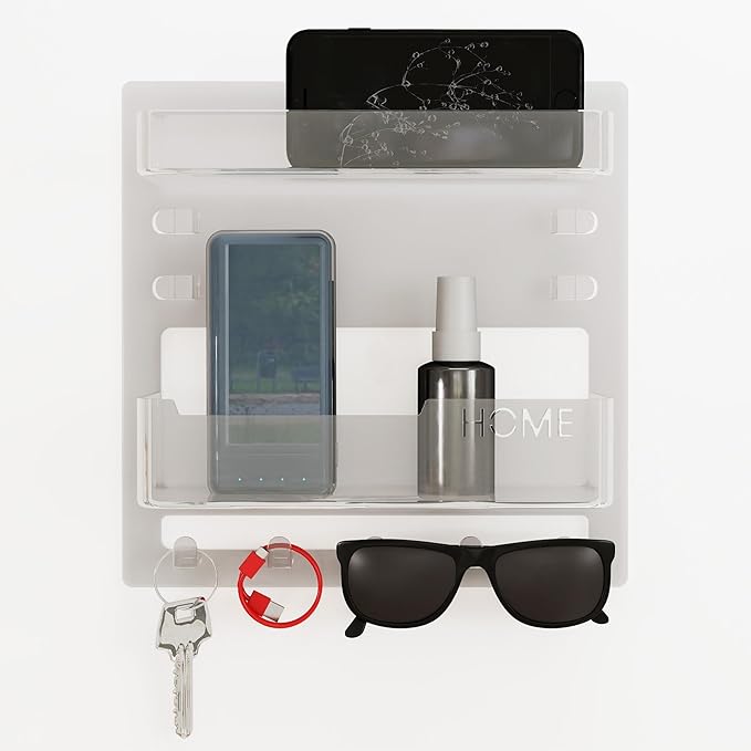 Bedside Wall Shelf Organizer – Floating Acrylic Shelf for Dorm & Bedroom Storage, Adhesive Wall Mounted Organizer for Phone, Remote, Glasses – Minimalist Clear Room Decor (Clear)