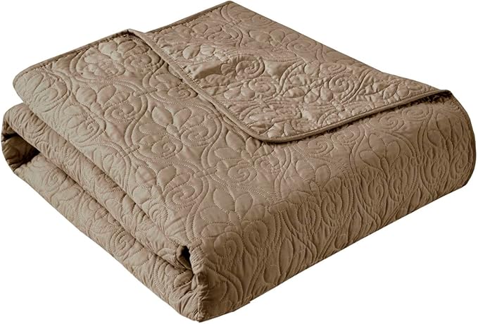 Madison Park Throw Blanket - Reversible Damask Quilting Design, Soft Pre-washed Microfiber, Cotton Filled Spread, Cozy Summer Blanket - Throw for Living Room Couch, Sofa, Bed, Quebec, 60x70", Khaki