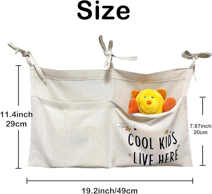 Cute Linen Baby Crib Hanging Storage Organizer, 2 Pockets Nursery Playpen Cloth Bag with Strap, Minimalist Nordic Lightweight Bedside Caddy for Diaper Wipes & Small Toys, Baby Shower Decor Funny Gift