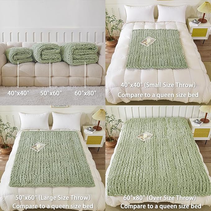 WESHIONGOO Chunky Knit Blanket Throw 51"×63" Knitted Throw Blankets for Couch Bed Fluffy Soft Blanket with Jumbo Chenille Yarn Thick 100% Handmade (Sage Green)