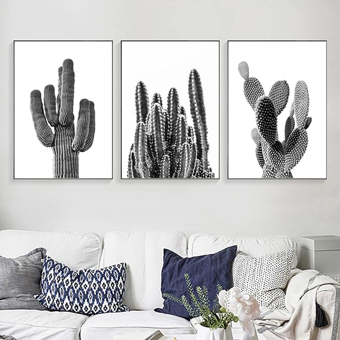 Black And White Cactus Canvas Wall Art Saguaro Cactus Pictures Wall Decor Black And White Artwork Painting Mexican Succulent Poster Prints for Living Room Bedroom Decor 16x24x3 Inch Unframed