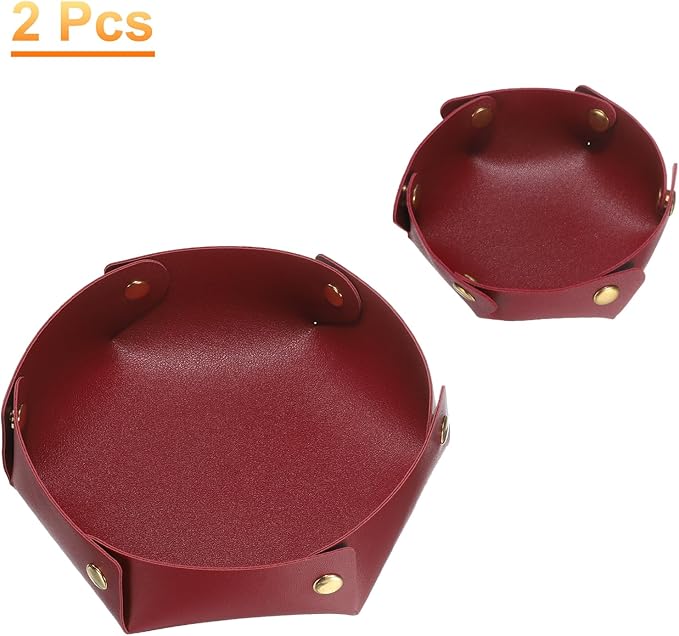 HARFINGTON 2pcs PU Leather Valet Tray Unisex Valet Tray Folding Round Catchall Tray Portable Entryway Table Tray Nightstand Bedside Desk Tray for Key Watch Coin Jewelry Dice, Wine Red
