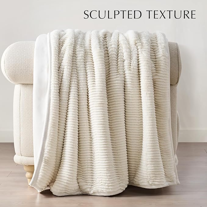 EVERGRACEHOME Ultra Soft Faux Fur Throw Blanket for Couch, Luxury Sculpted Texture Faux Rabbit Fur Blanket for Bed, Fluffy Thick Plush Warm Fuzzy Throw, 920GSM (Ivory White, 60''x80'')