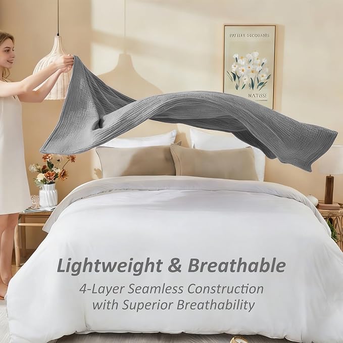 EMME Cotton Muslin King Blanket Bed Layering Bedspread Coverlet Breathable Gauze Soft Lightweight Blankets (Heather Grey, 108"x90")