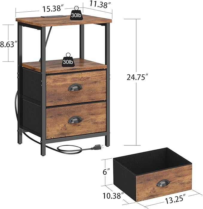 Nightstand with Charging Station, Night Stand with 2 Fabric Drawers, Bedside Table End Table with LED Light, 3-Tier Storage Side Table Nightstand with Drawers for Bedroom,Rustic Brown