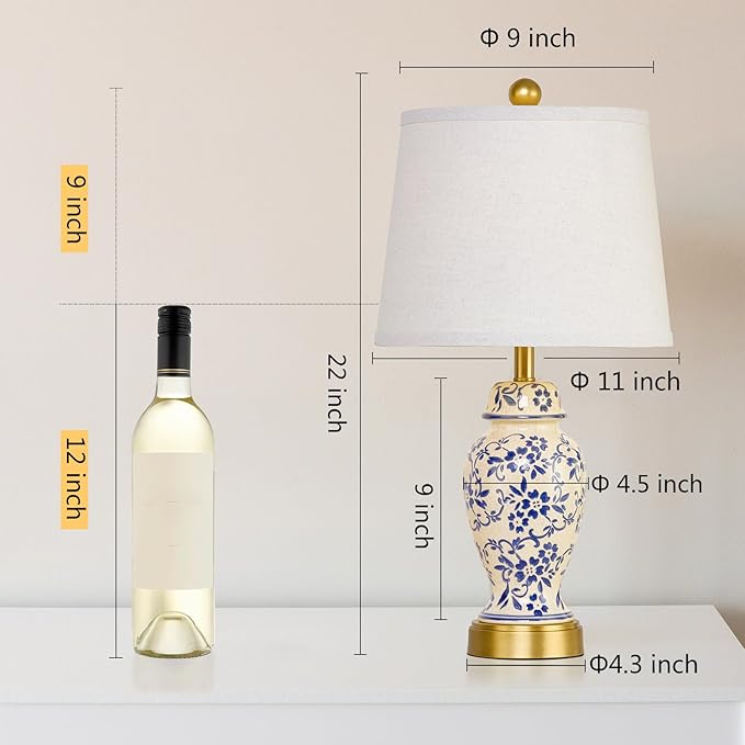 RORIANO Chinoiserie Ceramic Table Lamps Set of 2 for Living Room Bedroom Bedside, Traditional Blue Porcelain Classic Table Lamp for Nightstand Entryway, 2 LED Bulbs Included (Gold)