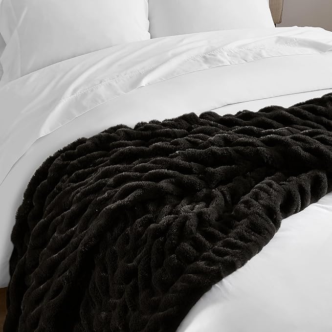 Hyde Lane Luxury Ruched Faux Fur Throw Blanket | Ultra Soft Cozy Puzzy Throw | Plush Black Mink Blankets for Sofa, Couch, Living Room, 50"x60"