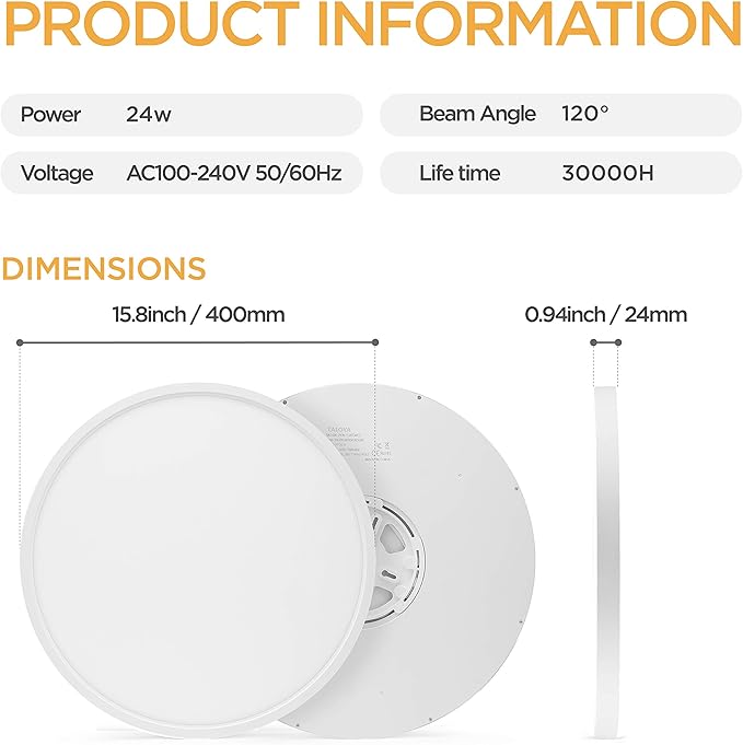 TALOYA LED Ceiling Light Living Room White, 15.8 Inch Thin Flat Modern Flush Mount Lighting Fixture for Bedroom,5 Color Temperatures in 1, 24w Round 0.94 Inch Thickness