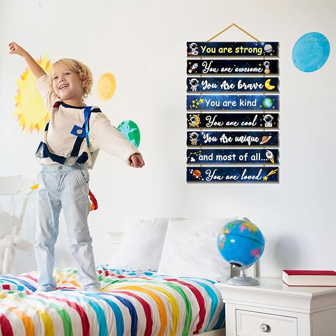 Rutiyoka Outer Space Themed Room Decor for Boys Bedroom Wall Inspirational Art Kids Wood Decorations Little Boy Nursery Toddler Sign