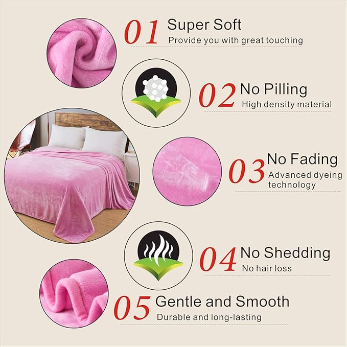 Fleece King Size Summer Blanket All Season 350GSM Lightweight Throw for The Bed Extra Soft Brush Fabric Winter Warm Sofa Blanket 90" x 108"(Pink King)
