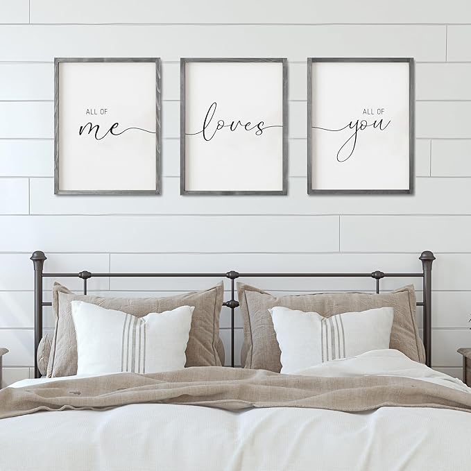 Set of 3 Framed Farmhouse All of Me Loves All of You Sign 11x14” Above Bed Wall Decor for Bedroom Decor Wall Art Wood Signs (11x14, Gray)