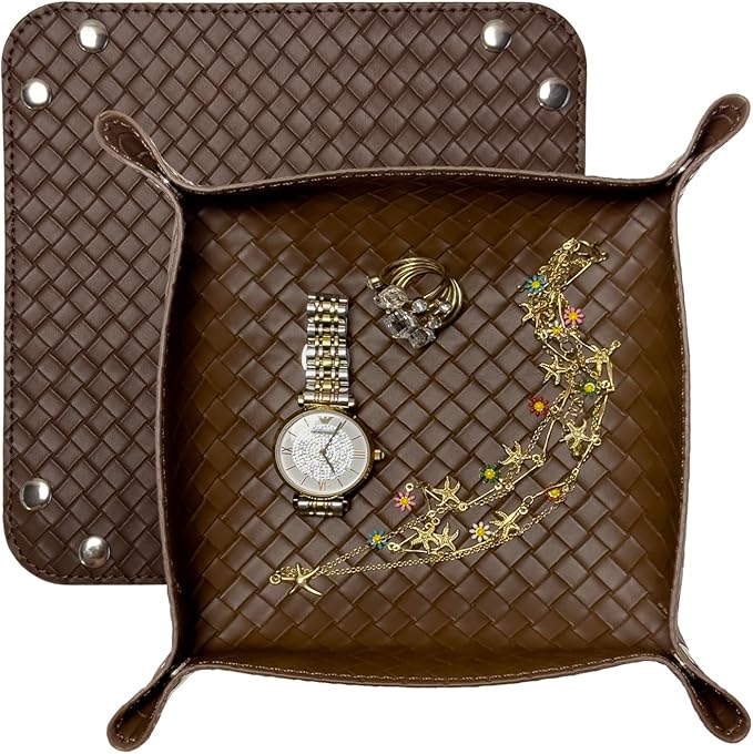 UnionBasic Small Valet Tray, Jewelry Tray for Rings Watches Earrings, Entryway Catchall Caddy for Coins Keys Change, Nightstand Bedside Valet Holder, Trays for Electronic Gadgets, Woven Coffee