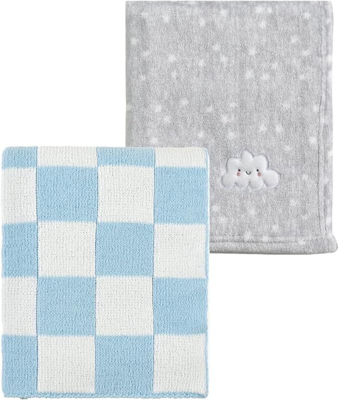 CREVENT 2Pcs 30''X40'' Cute Cozy Fluffy Warm Baby Blankets for Infants Toddlers' Bedding Crib Cot Stroller - Grey Cloud + Knit Checked Blue