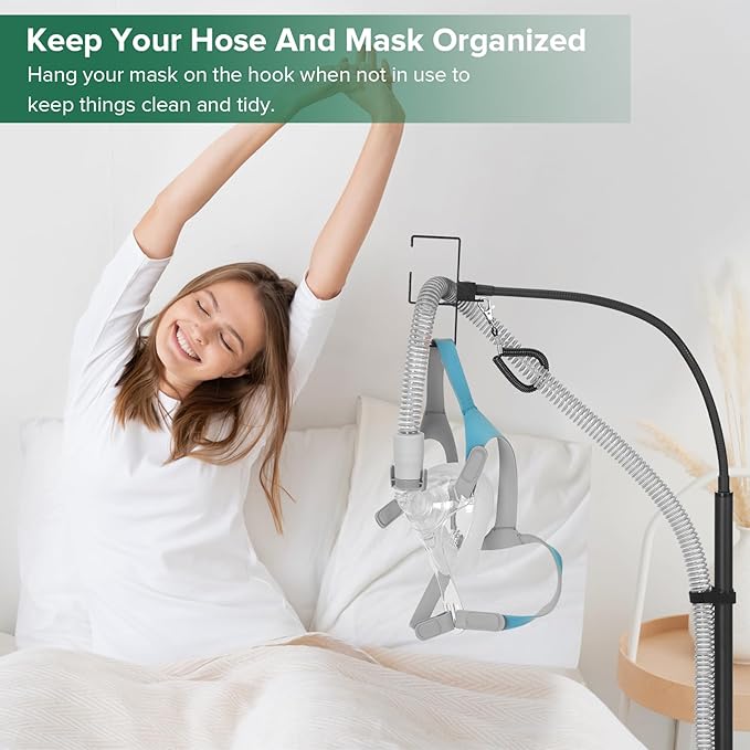 CPAP Hose Holder for Bedside -All-Metal Stand with Aluminum Hook |NoWall Drilling | Fits ResMed/Philips/AirSense Tubing | Helps Keep Hose Clean &Tangle-Free