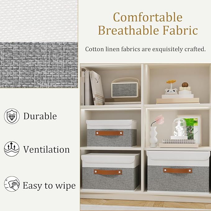 OUTBROS Foldable Storage Boxes, Large Linen Fabric, 15 x 9.8 x 9.8 inch, White/Grey, 3-Pack
