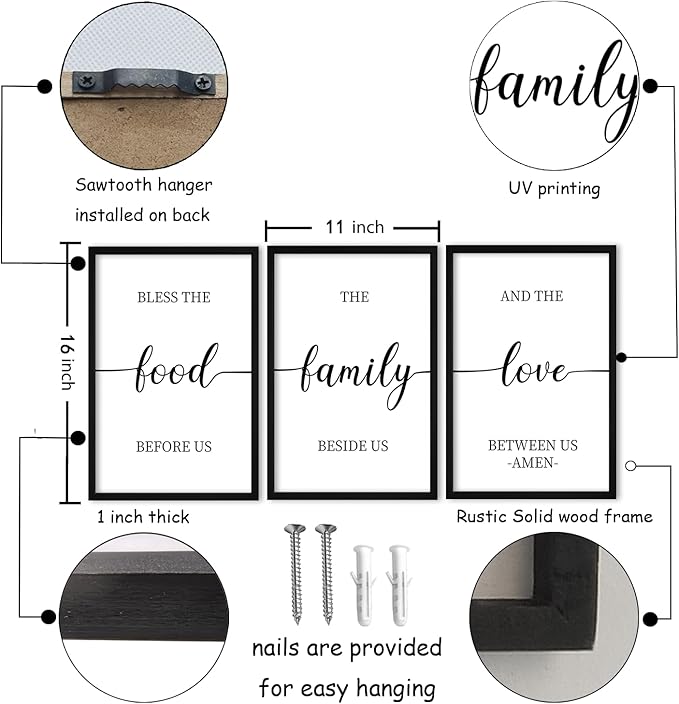 flowtorely Bless the Food Before Us Sign Wall Decor 16"×11" Set of 3 for Dining Room Kitchen Rustic Wood Framed Wall Hanging Art (Black)