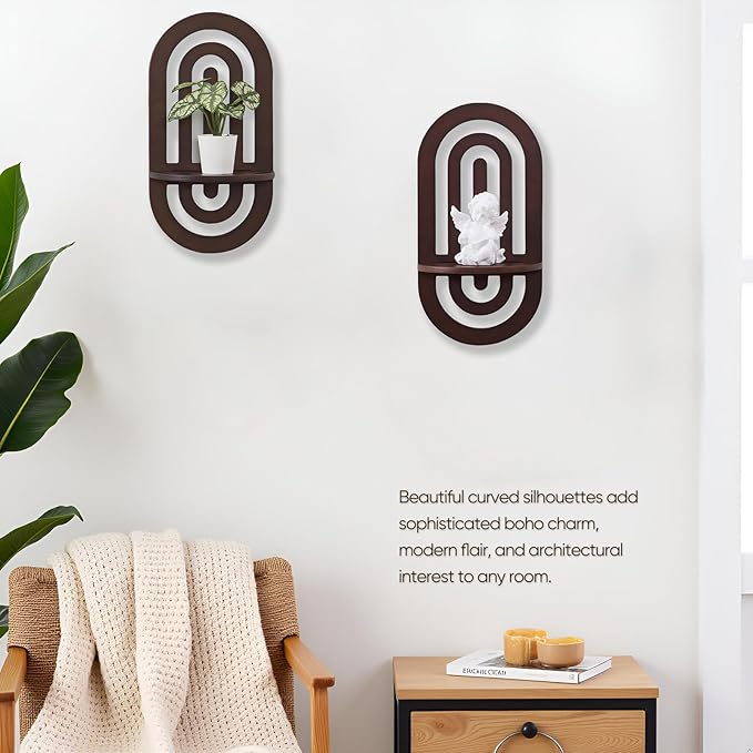 Boho Decor Wall Floating Shelves with Arched Wood Design, Decorative Wall Mounted Display Shelf Set of 2 for Bedroom Living Room, Dark Brown