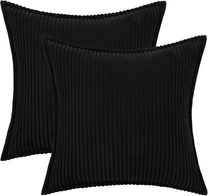 Mecatny Corduroy Throw Pillow Covers 26x26 Set of 2, Neutral Decorative Soft Boho Couch Pillow Covers with Broadside for Sofa Living Room, Black