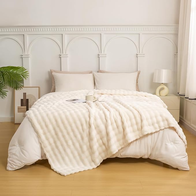 YUSOKI Luxury 3D Bubble Light Weighted Throw Blanket 2.8lb,All Ages,Home Decoration, (Ivory,60 * 80inches)
