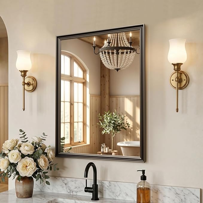 Retro Copper Effect Framed Wall Mirror, 24x32 Rectangle Mirror, Anti-desilvering Tempered Glass, Sustainable&Sturdy Frame, Anti-Rust, HD Reflection &3min Fast Setup for Bathroom Living Room