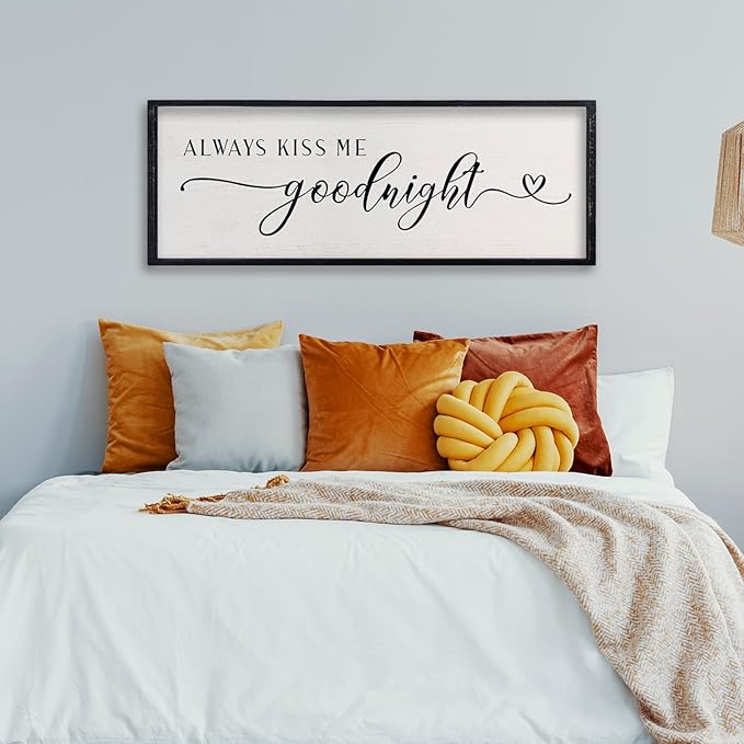 comurdyo Love Theme Always Kiss Me Goodnight Sign 32"×12" Romantic Couple Large Master Bedroom Above bed Wood Frame for Framed Rustic Farmhouse Minimalist Horizontal Wall Art Decor (Black)