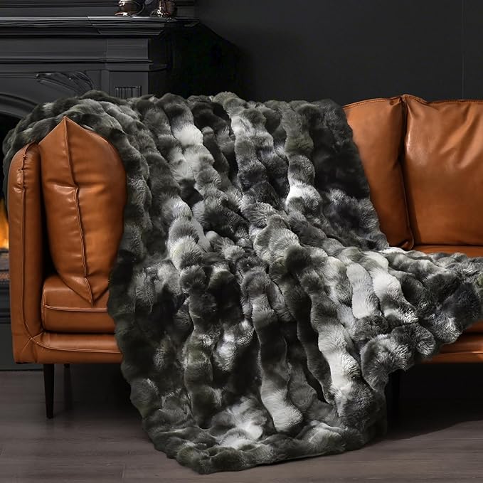 PHF Luxury Faux Rabbit Fur Blanket Twin Size, Ultra Soft Fluffy Plush Cozy Warm Bubble Blanket for Bed, Couch, Sofa Decorative, Thick Reversible Suitable for Fall & Winter, 60" x 80", Tie Dye Charcoal