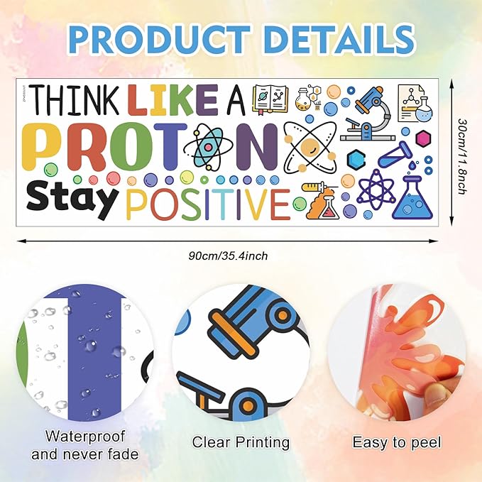 HLNIUC Large School Wall Decal(35”x12”),Colorful Chemistry Classroom Stickers,Chemical Proton Laboratory Wall Decor,Inspirational Quotes Room Sticker,Stay Positive Science Art Decal for Kids Room Lab