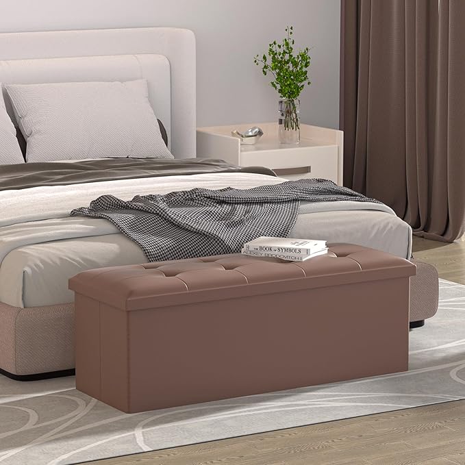 MoNiBloom 43 Inch Storage Ottoman Bench, 34 Gal. Folding Ottoman Footrest, End of Bed Bench, Rectangle Foot Stool, Supports 600 lbs, for Bedroom, Living Room, Entryway, Hallway, Brown