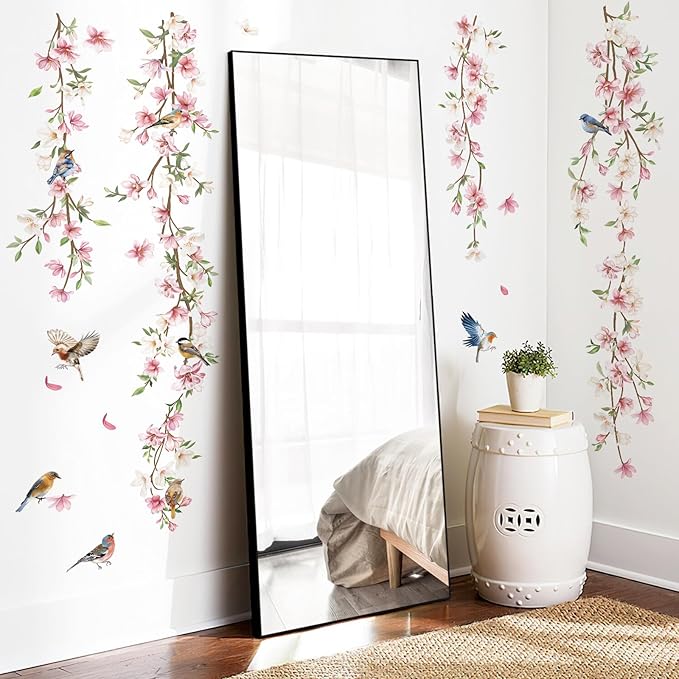 decalmile Hanging Flower Vine Wall Decals Pink Floral Leaves Birds Wall Stickers Bedroom Living Room Sofa TV Background Wall Decor