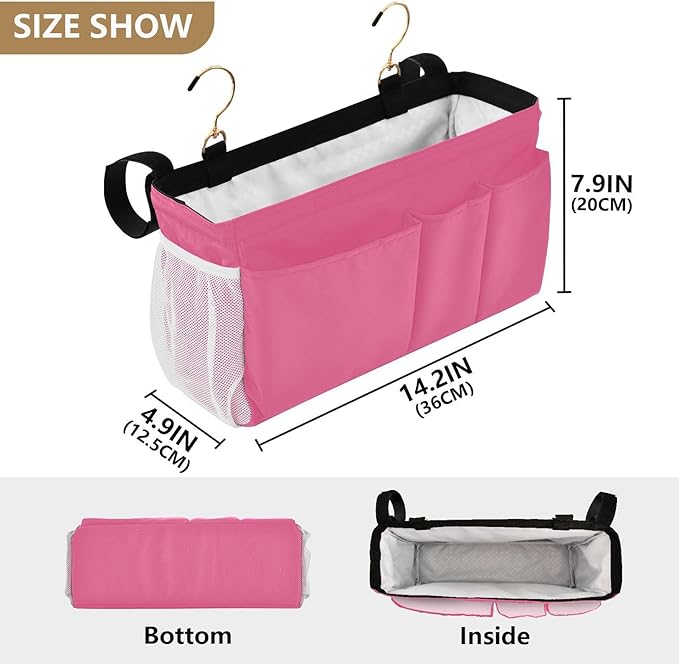 DOMIKING Neon Pink Bedside Caddy for Dorm Bed Recliner Armrest Organizer with Hooks Haning Storage Bag for Couch Recliner Remote Control