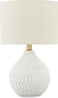 Signature Design by Ashley Wardmont Contemporary Modern Table Lamp with Drum Hardback Fabric Shade, On-Off Switch, Ceramic, 17.75" High, Antique White